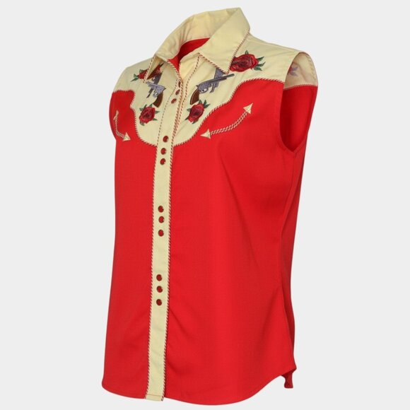 Panhandle Slim Retro Western Shirt Women's XL Red Sleeveless Embroidered Roses - Picture 1 of 6
